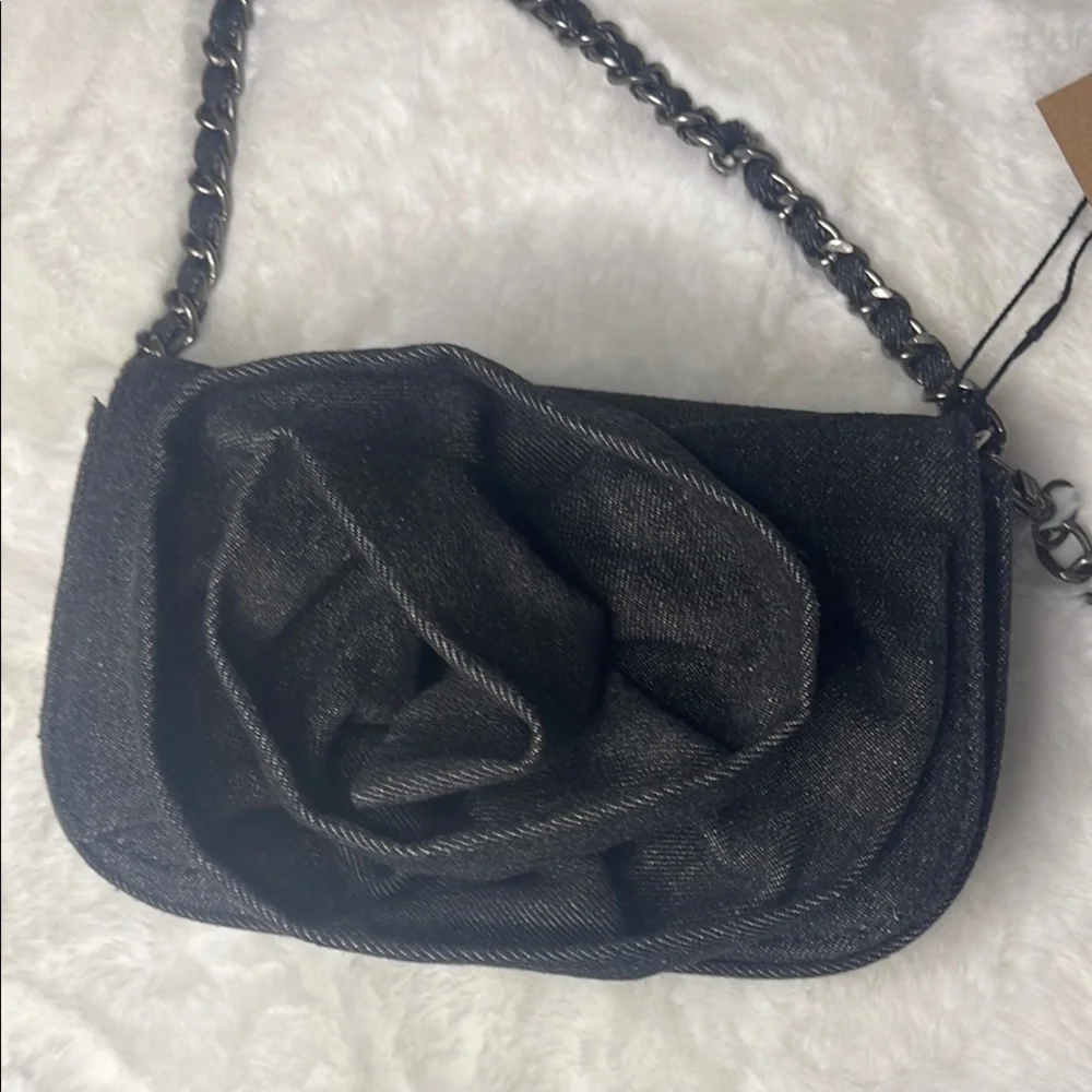 Steve Madden - Black/Charcoal Denim Borla Rose Bud Chain Crossbody - Picture 2 of 13